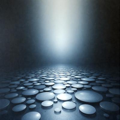 The primary subject of the image is a large, illuminated light source, which appears to be a light bulb or a light fixture. The light source is located in the center of the image, and it is surrounded by a dark, foggy environment. The setting seems to be a room with a blue floor, and the visual style of the image is a combination of a photo and a drawing. The colors in the image are predominantly dark, with the light source being the main source of illumination. The overall atmosphere
